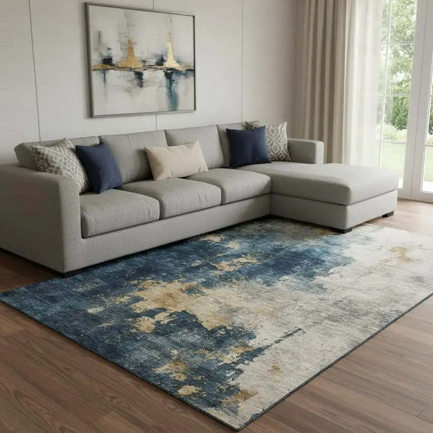 Blue Gold And Silver Abstract Washable Area Rug With UV Protection Photo 2