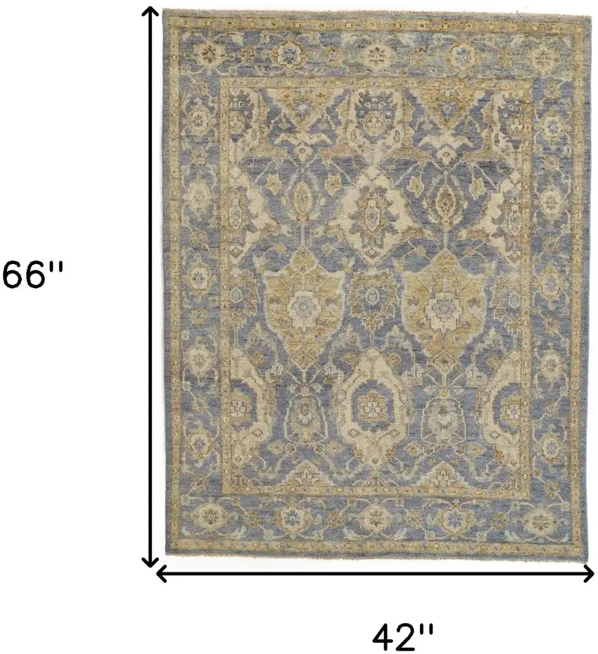 Blue and Gold Wool Floral Hand Knotted Area Rug With Fringe Photo 3