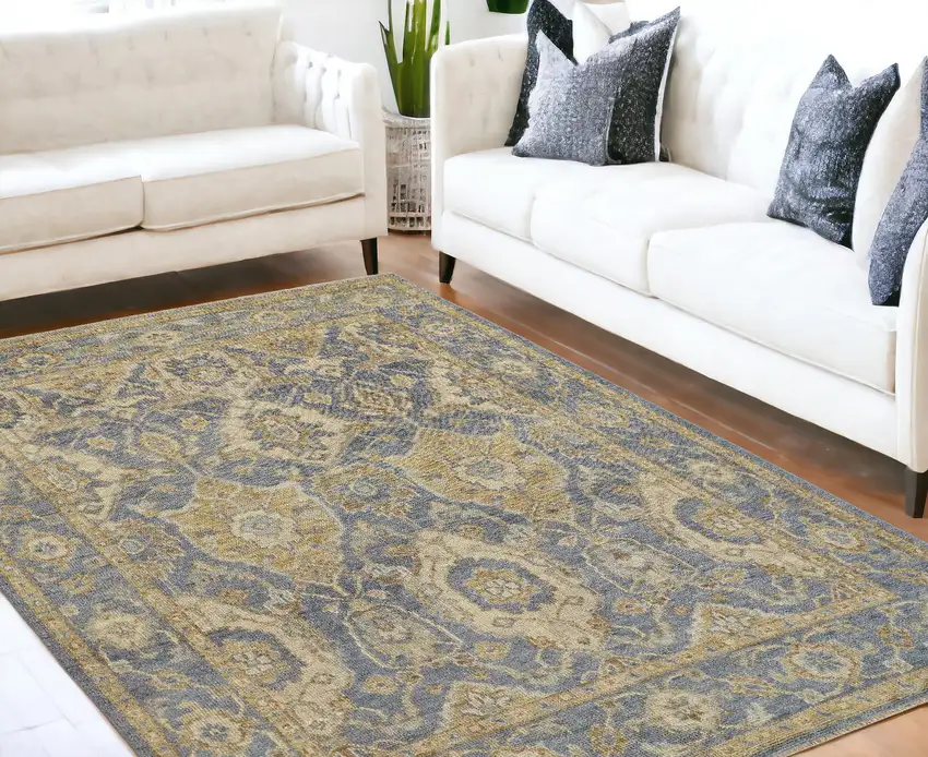 Blue Gold And Tan Wool Floral Hand Knotted Stain Resistant Area Rug With Fringe Photo 1