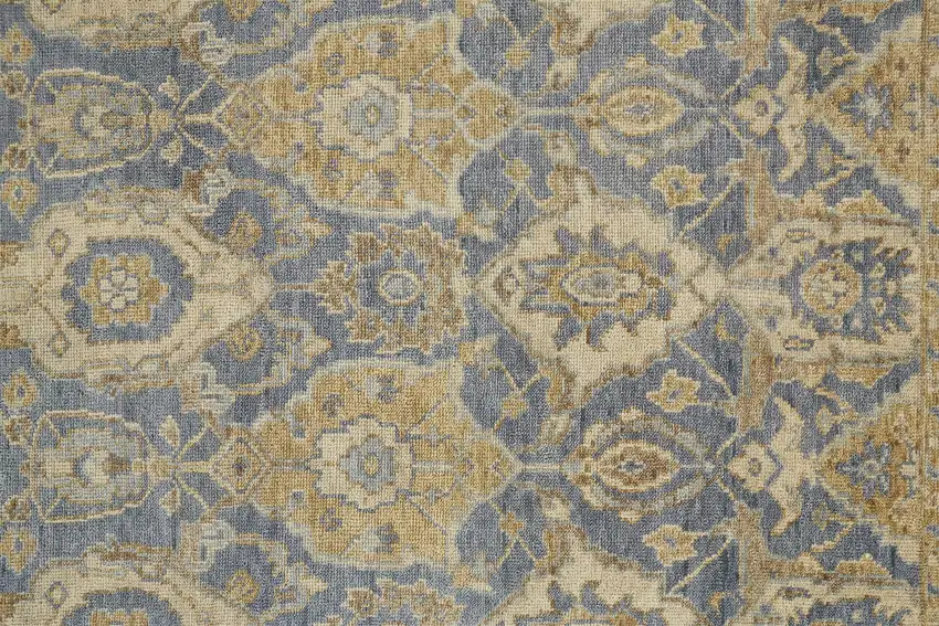 Blue Gold And Tan Wool Floral Hand Knotted Stain Resistant Area Rug With Fringe Photo 7