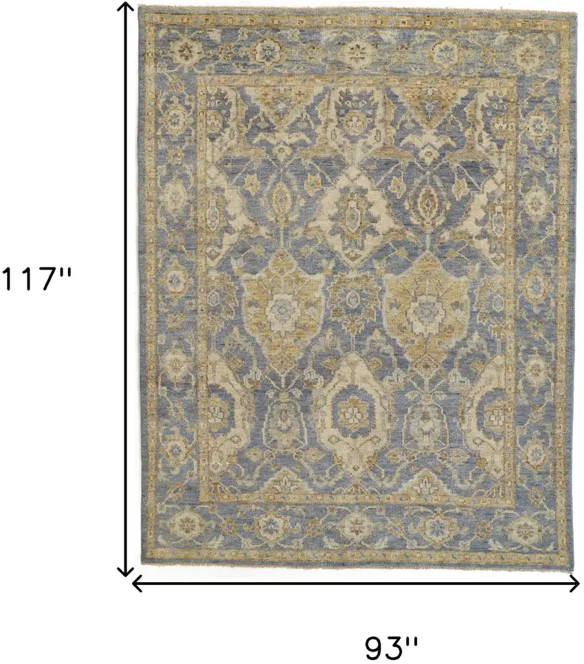 Blue Gold And Tan Wool Floral Hand Knotted Stain Resistant Area Rug With Fringe Photo 8
