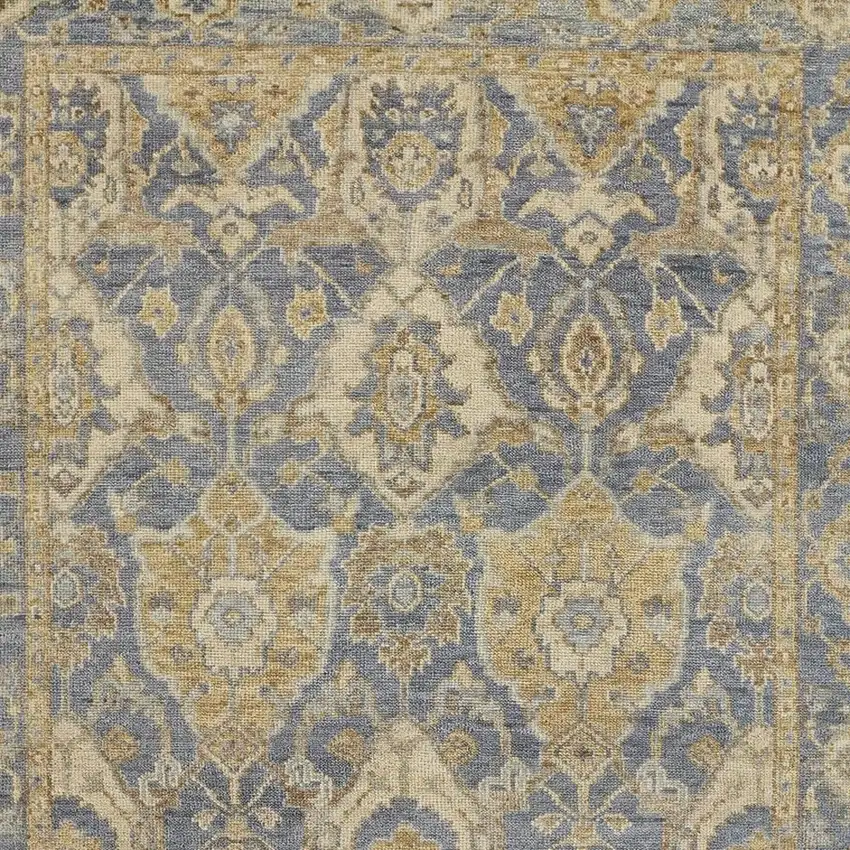Blue and Gold Wool Floral Hand Knotted Area Rug With Fringe Photo 5