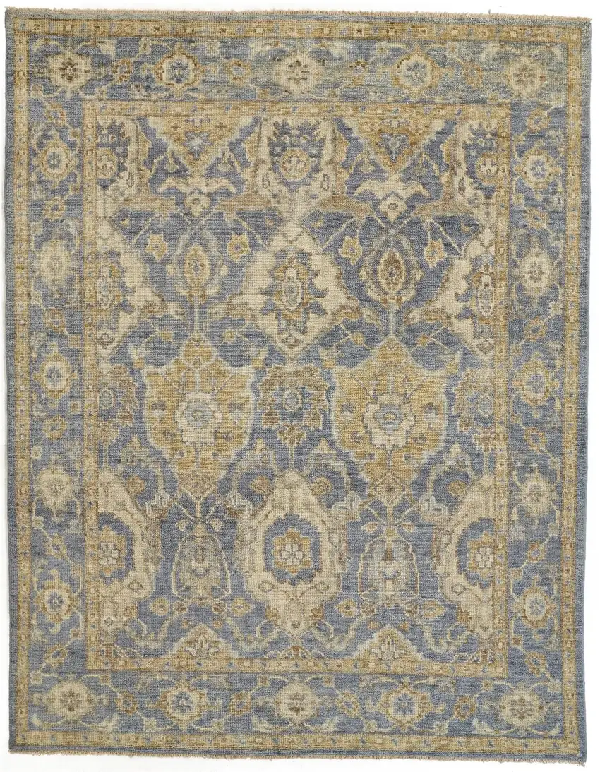 Blue and Gold Wool Floral Hand Knotted Area Rug With Fringe Photo 2