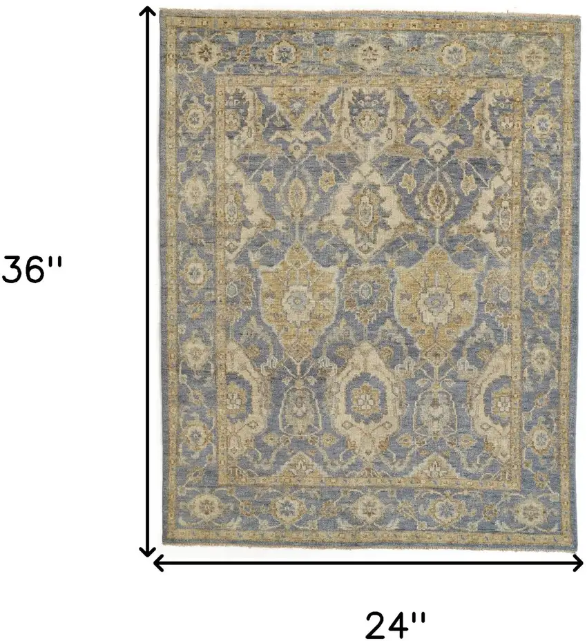 Blue and Gold Wool Floral Hand Knotted Area Rug With Fringe Photo 3