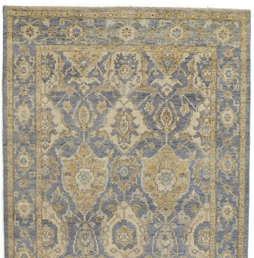 Blue and Gold Wool Floral Hand Knotted Area Rug With Fringe Photo 6