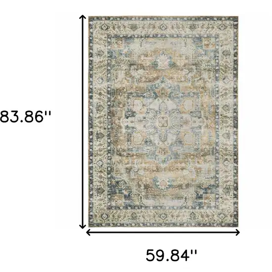 Blue Gold Brown Green And Salmon Oriental Printed Stain Resistant Non Skid Area Rug Photo 3