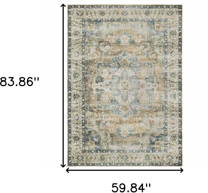 Blue Gold Brown Green And Salmon Oriental Printed Stain Resistant Non Skid Area Rug Photo 3