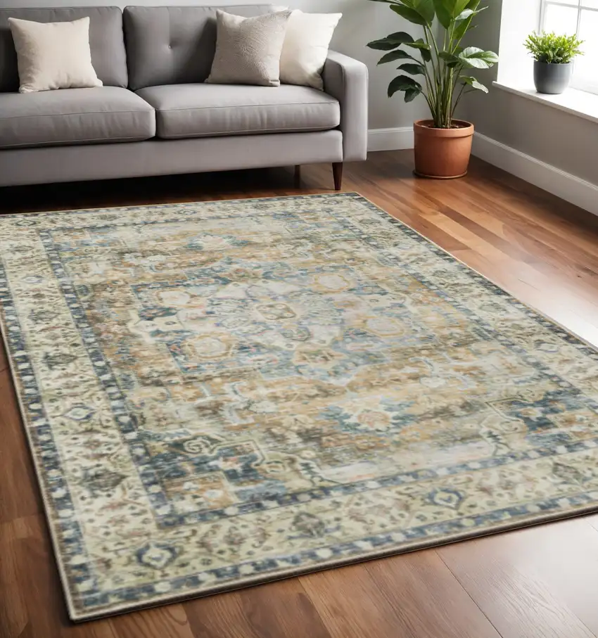 Blue Gold Brown Green And Salmon Oriental Printed Stain Resistant Non Skid Area Rug Photo 1