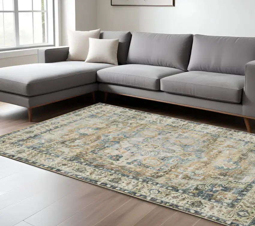 Blue and Gold Oriental Non Skid Area Rug Photo 1