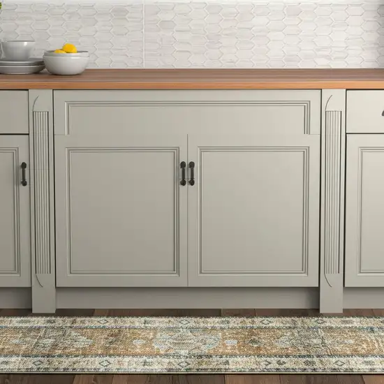 Blue Gold Brown Green And Salmon Oriental Printed Stain Resistant Non Skid Runner Rug Photo 1