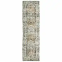 Photo of Blue Gold Brown Green And Salmon Oriental Printed Stain Resistant Non Skid Runner Rug