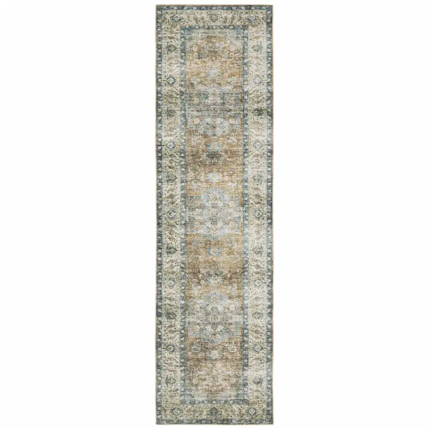 Blue Gold Brown Green And Salmon Oriental Printed Stain Resistant Non Skid Runner Rug Photo 2