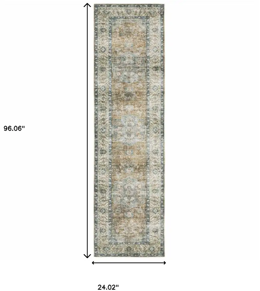 Blue Gold Brown Green And Salmon Oriental Printed Stain Resistant Non Skid Runner Rug Photo 9