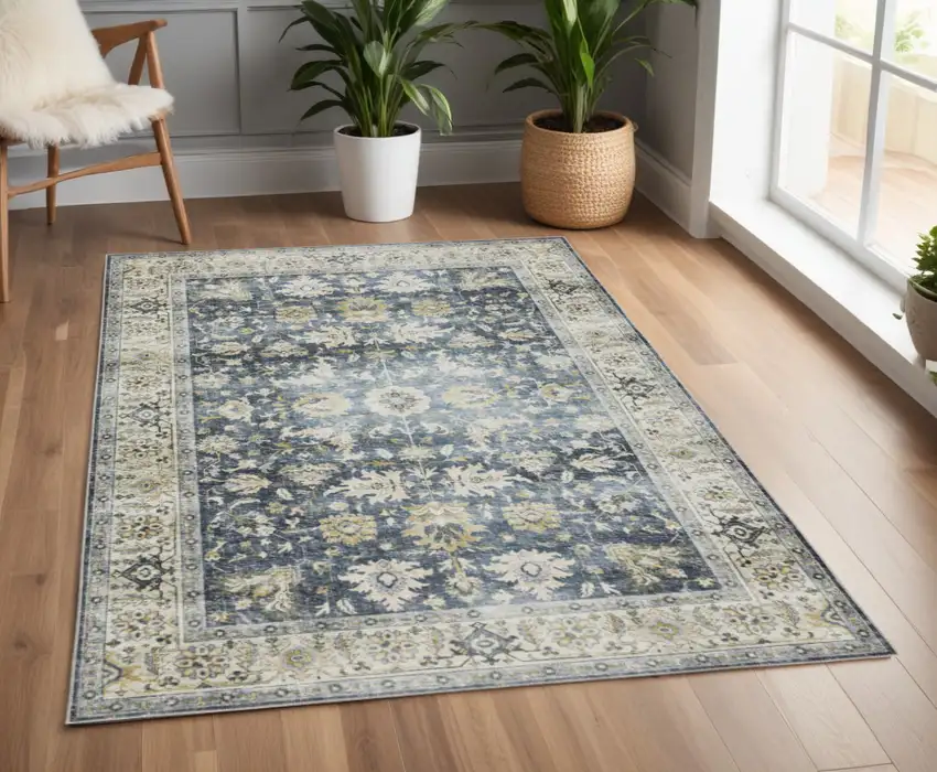 Blue and Ivory Oriental Non Skid Area Rug Photo 1