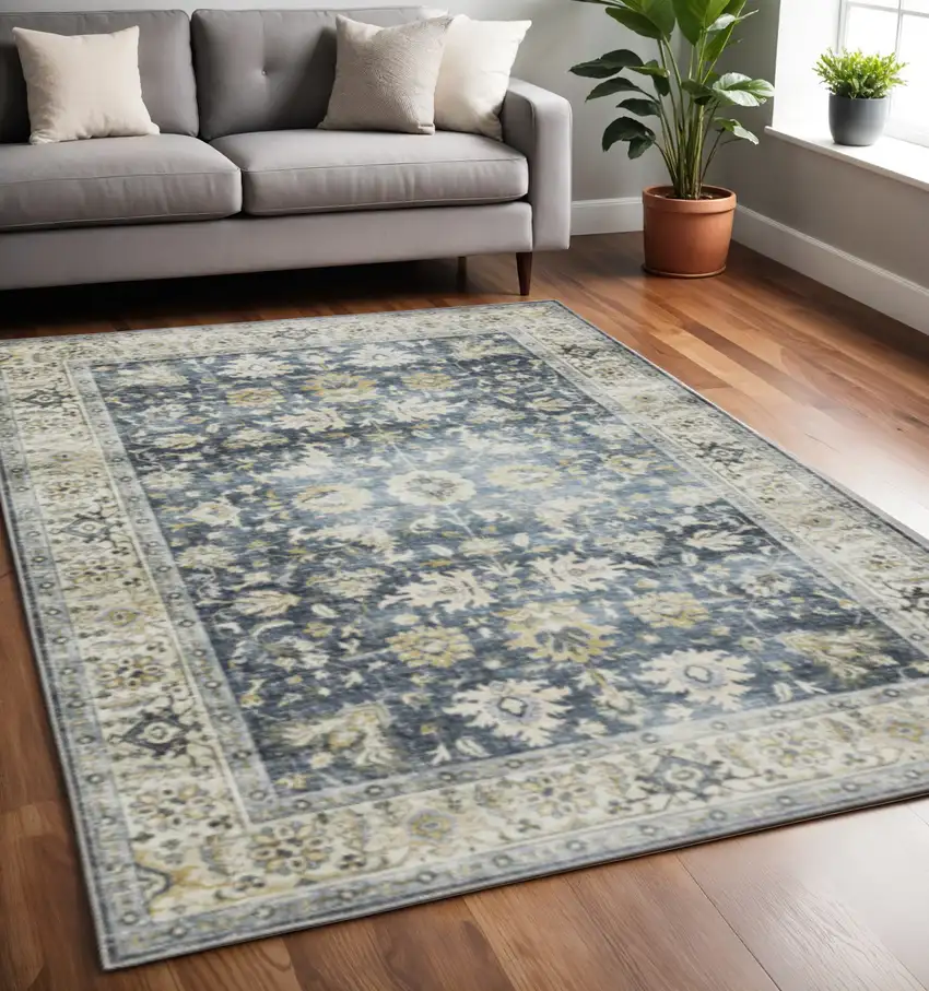 Blue Gold Green And Ivory Oriental Printed Stain Resistant Non Skid Area Rug Photo 1