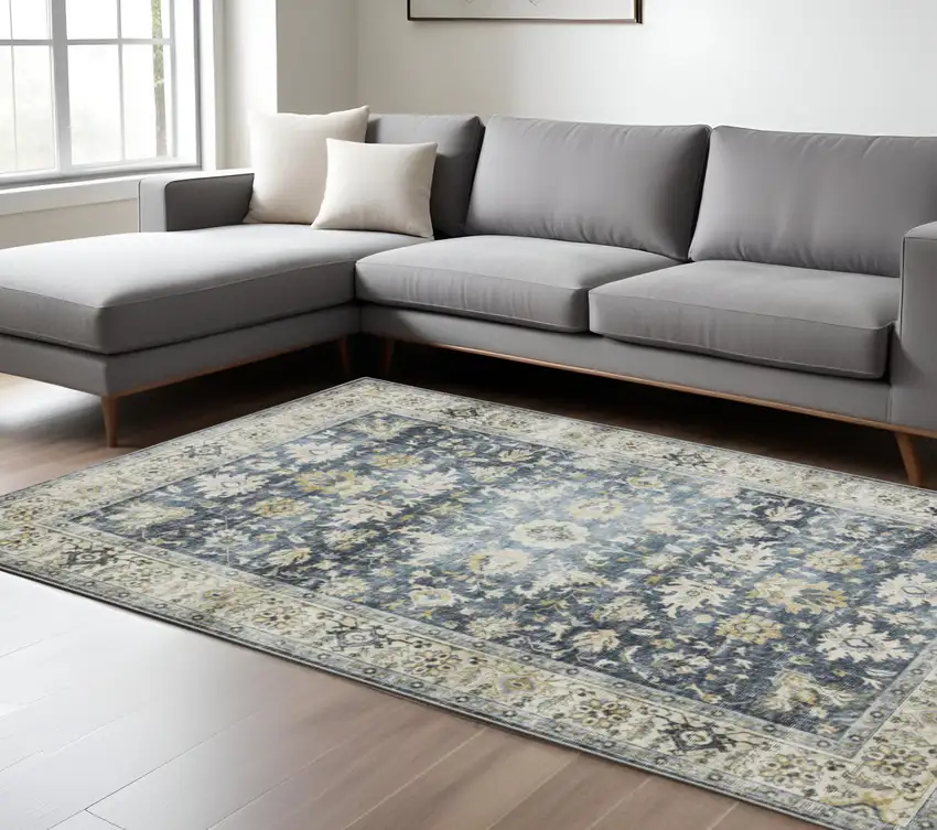 Blue and Ivory Oriental Non Skid Area Rug Photo 1