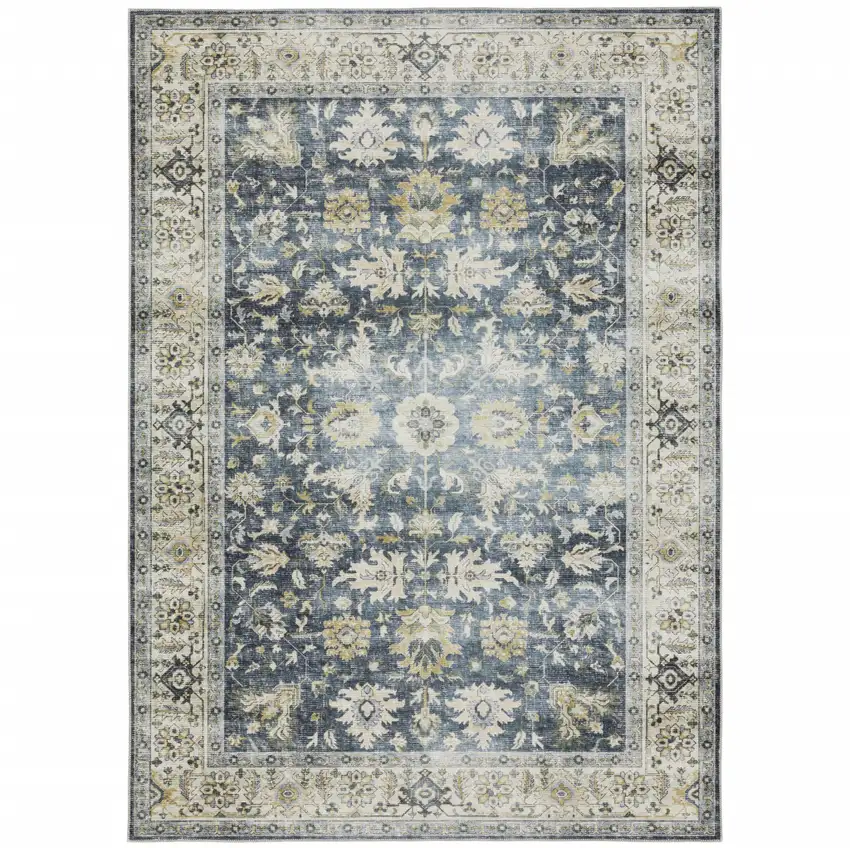 Blue Gold Green And Ivory Oriental Printed Stain Resistant Non Skid Area Rug Photo 2