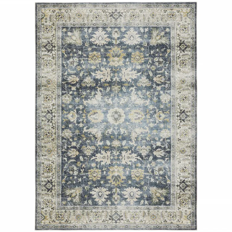 Blue Gold Green And Ivory Oriental Printed Stain Resistant Non Skid Area Rug Photo 4