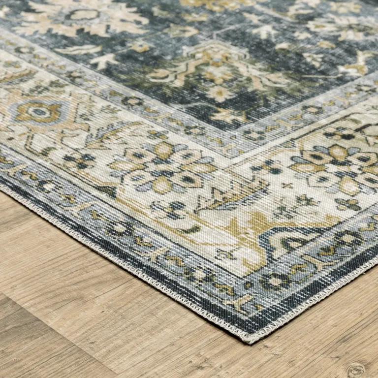 Blue Gold Green And Ivory Oriental Printed Stain Resistant Non Skid Area Rug Photo 5