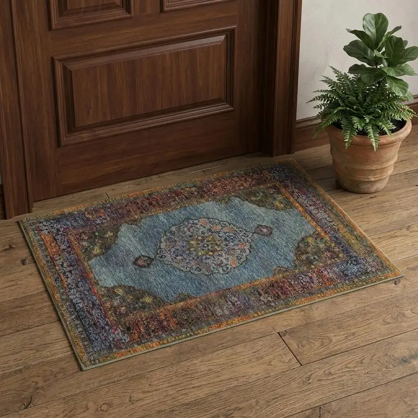 Blue And Beige Oriental Area Rug Photo 1