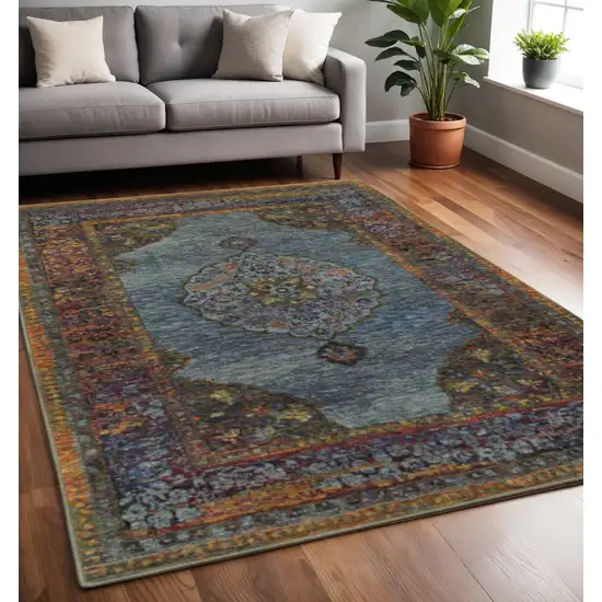 Blue and Beige Oriental Power Loom Area Rug Photo 1