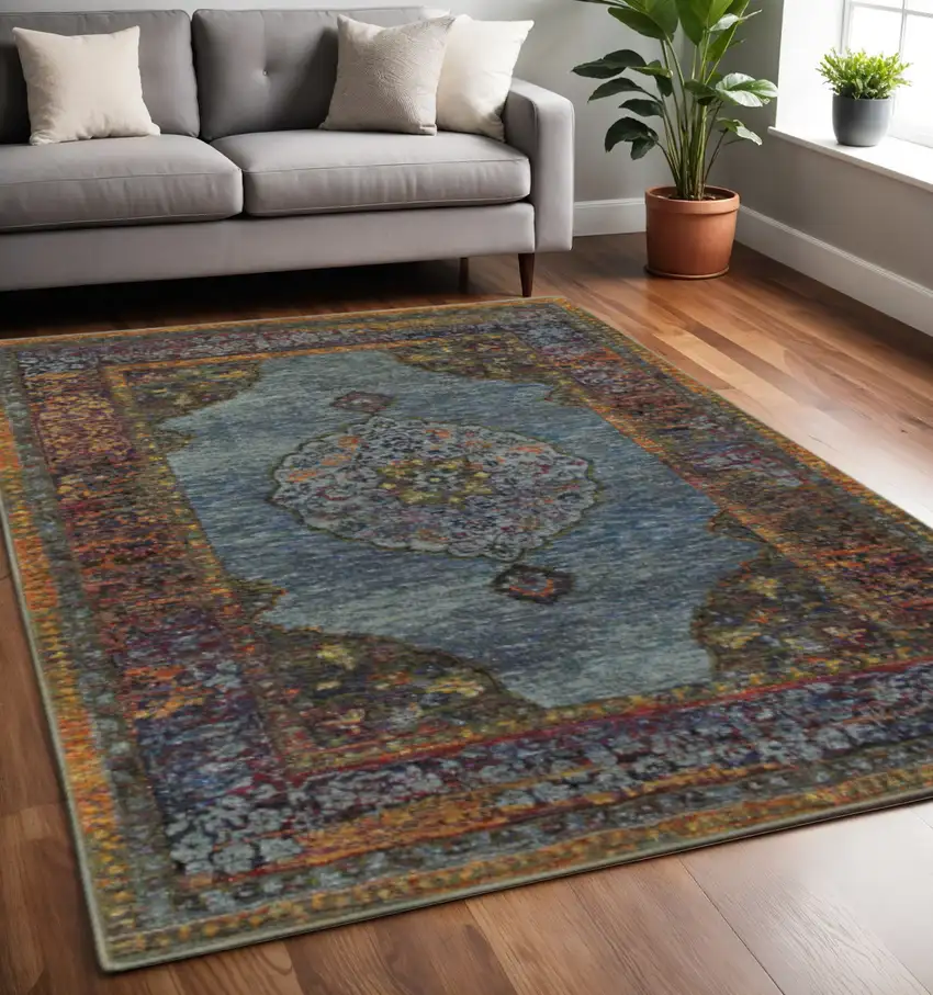Blue and Beige Oriental Power Loom Area Rug Photo 1