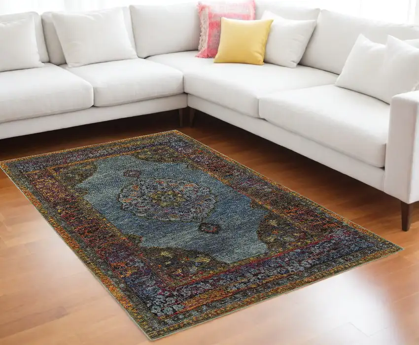 Blue and Beige Oriental Power Loom Area Rug Photo 1