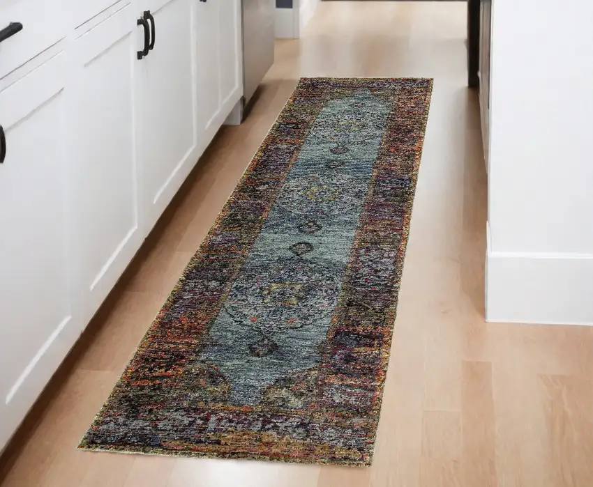 Blue and Beige Oriental Power Loom Runner Rug Photo 1