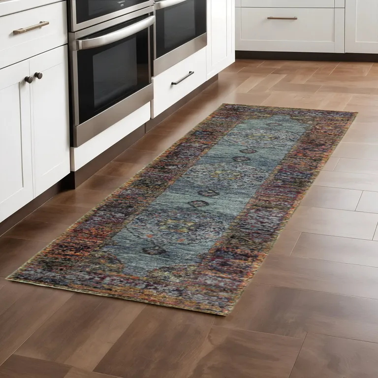 Blue Gold Green Red Orange And Purple Oriental Power Loom Stain Resistant Runner Rug Photo 5