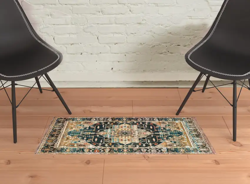 Blue Gold Grey Orange Ivory And Teal Oriental Power Loom Stain Resistant Area Rug Photo 2