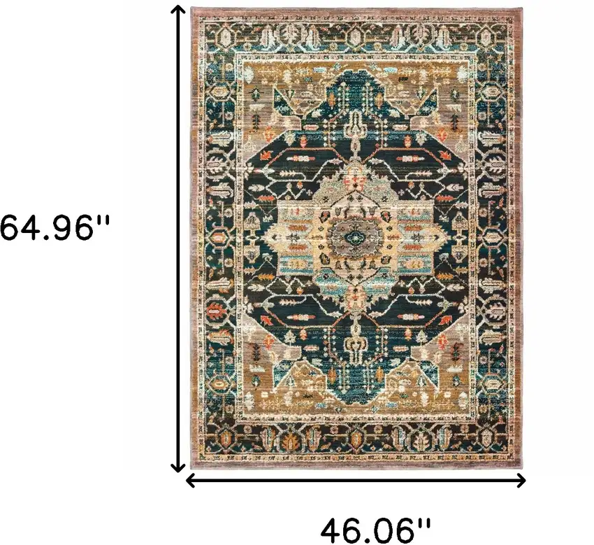 Blue Gold Grey Orange Ivory And Teal Oriental Power Loom Stain Resistant Area Rug Photo 6