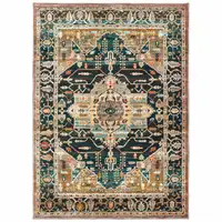 Photo of Blue Gold Grey Orange Ivory And Teal Oriental Power Loom Stain Resistant Area Rug