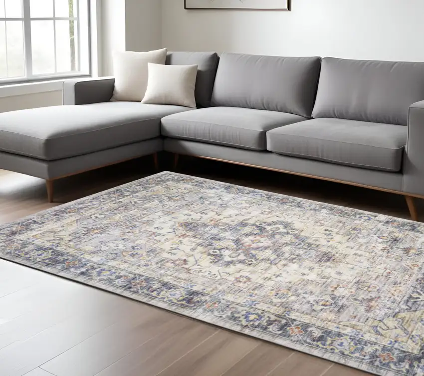 Blue And Gold Oriental Distressed Area Rug Photo 1