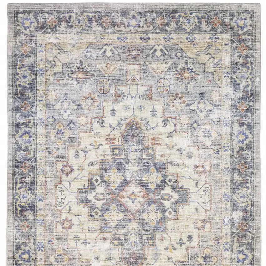 Blue And Gold Oriental Distressed Area Rug Photo 6
