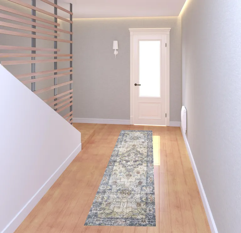 Blue Gold Grey Orange Yellow And Purple Oriental Power Loom Stain Resistant Runner Rug Photo 3