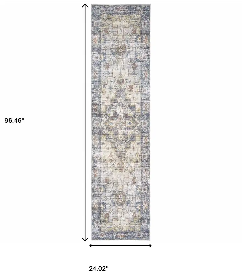 8' Blue and Ivory Oriental Power Loom Runner Rug Photo 3