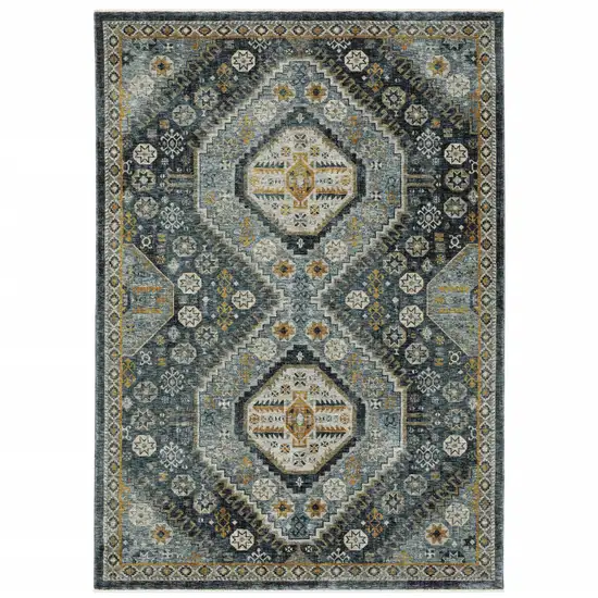 Blue Gold Ivory And Navy Oriental Power Loom Stain Resistant Area Rug With Fringe Photo 1