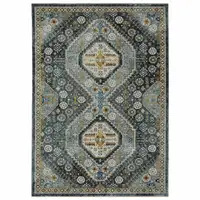 Photo of Blue Gold Ivory And Navy Oriental Power Loom Stain Resistant Area Rug With Fringe