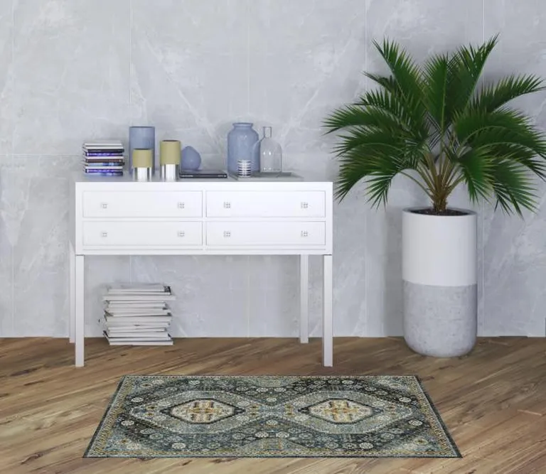 Blue Gold Ivory And Navy Oriental Power Loom Stain Resistant Area Rug With Fringe Photo 2