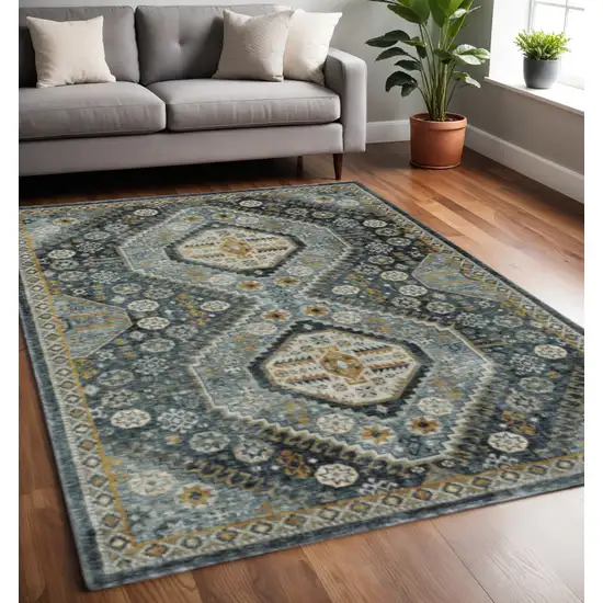 Blue Gold Ivory And Navy Oriental Power Loom Stain Resistant Area Rug With Fringe Photo 1