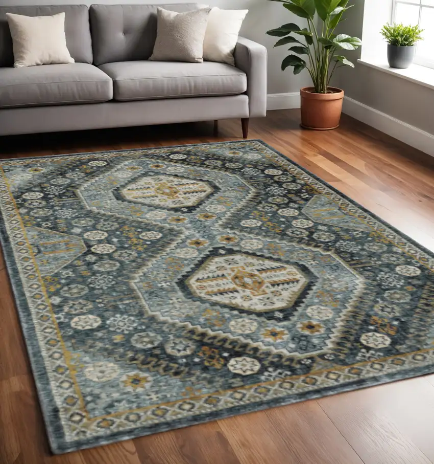 Blue Gold Ivory And Navy Oriental Power Loom Stain Resistant Area Rug With Fringe Photo 1