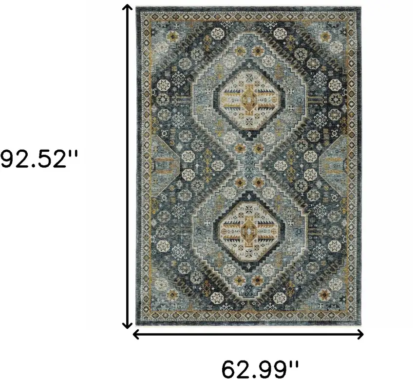 Blue Gold Ivory And Navy Oriental Power Loom Stain Resistant Area Rug With Fringe Photo 3