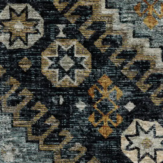 Blue And Gold Oriental Area Rug With Fringe Photo 5