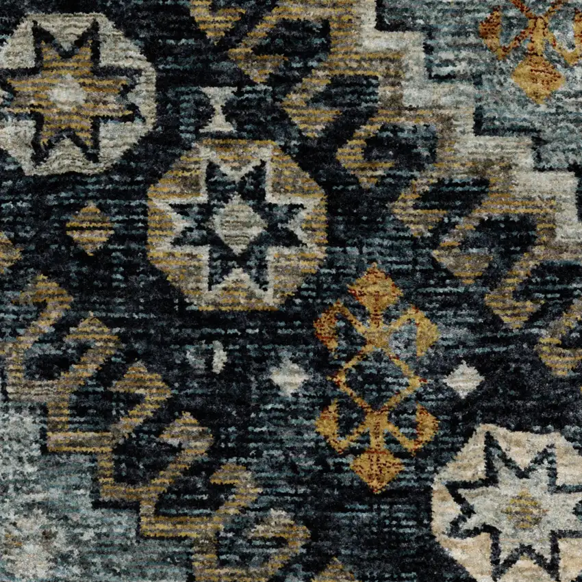 Blue And Gold Oriental Area Rug With Fringe Photo 5