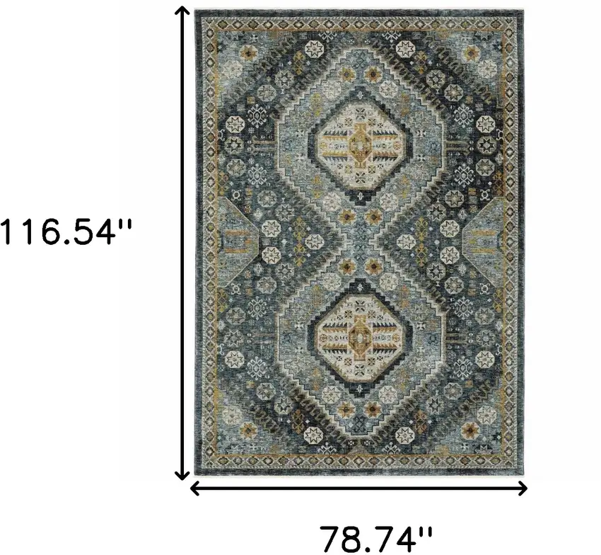 Blue and Ivory Oriental Power Loom Area Rug With Fringe Photo 3