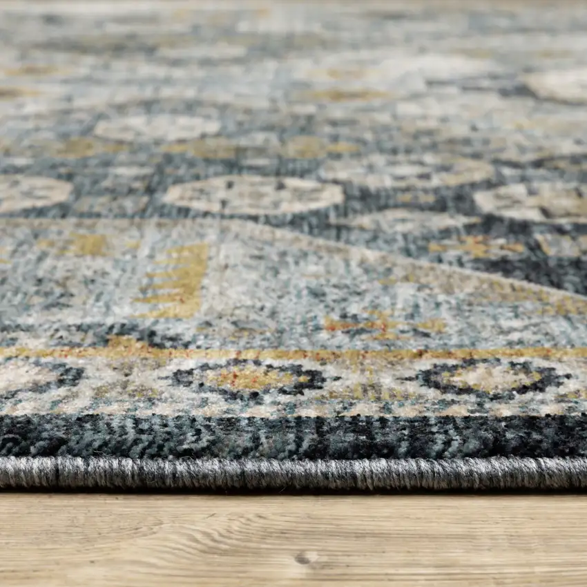 Blue Gold Ivory And Navy Oriental Power Loom Stain Resistant Area Rug With Fringe Photo 3