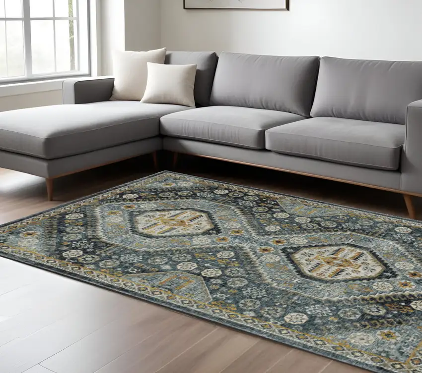 Blue and Ivory Oriental Power Loom Area Rug With Fringe Photo 1
