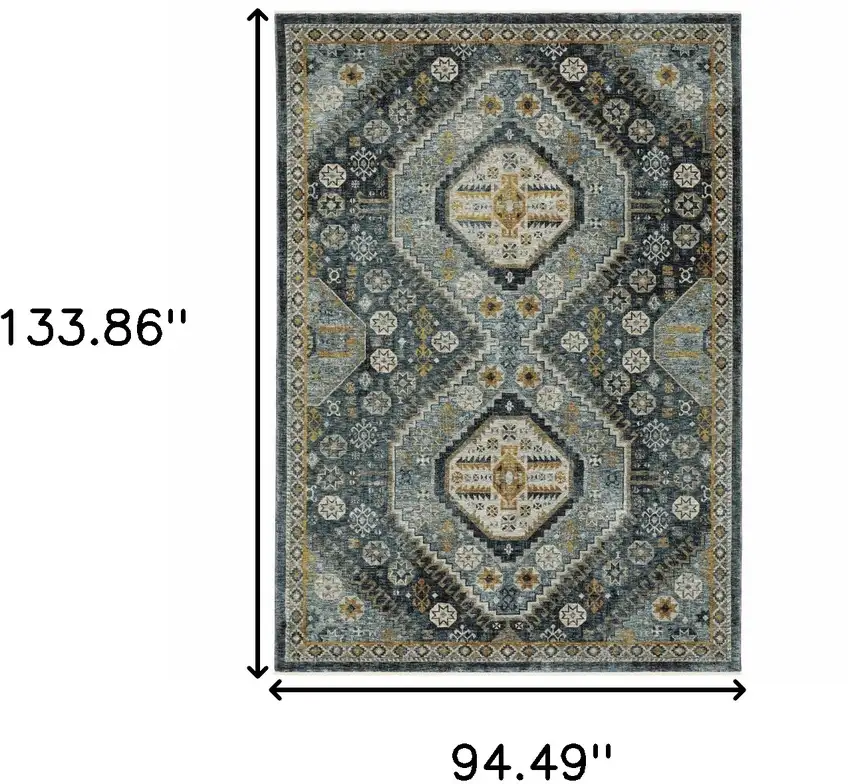 Blue and Ivory Oriental Power Loom Area Rug With Fringe Photo 3
