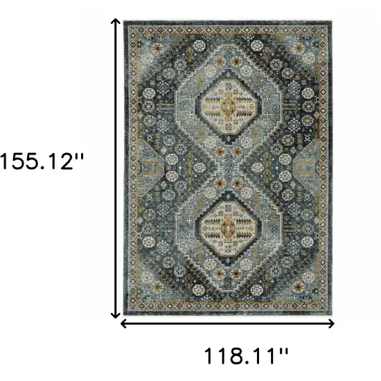 Blue Gold Ivory And Navy Oriental Power Loom Stain Resistant Area Rug With Fringe Photo 3