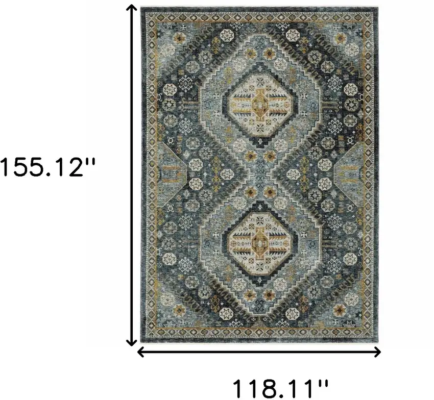 Blue Gold Ivory And Navy Oriental Power Loom Stain Resistant Area Rug With Fringe Photo 3